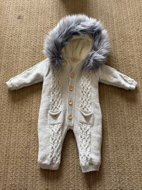 Caramelo Gray Cable Knit Pramsuit with  Faux Fur Trim
